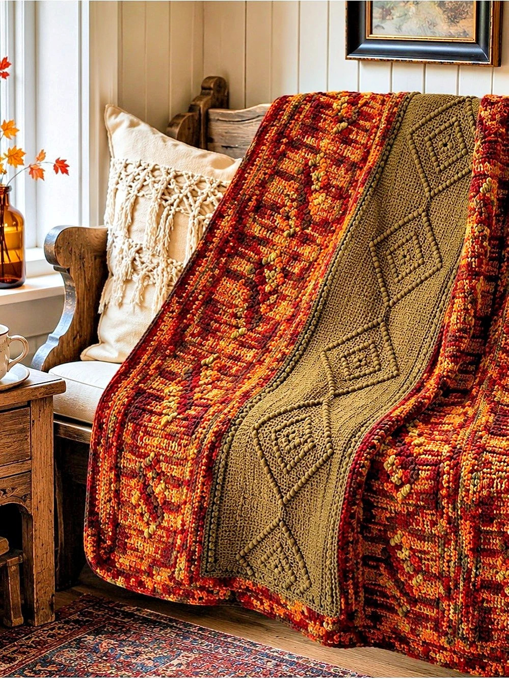 60x60” Vintage Handmade Fall Crochet Afghan Throw – Bobble & Diamond Textured
